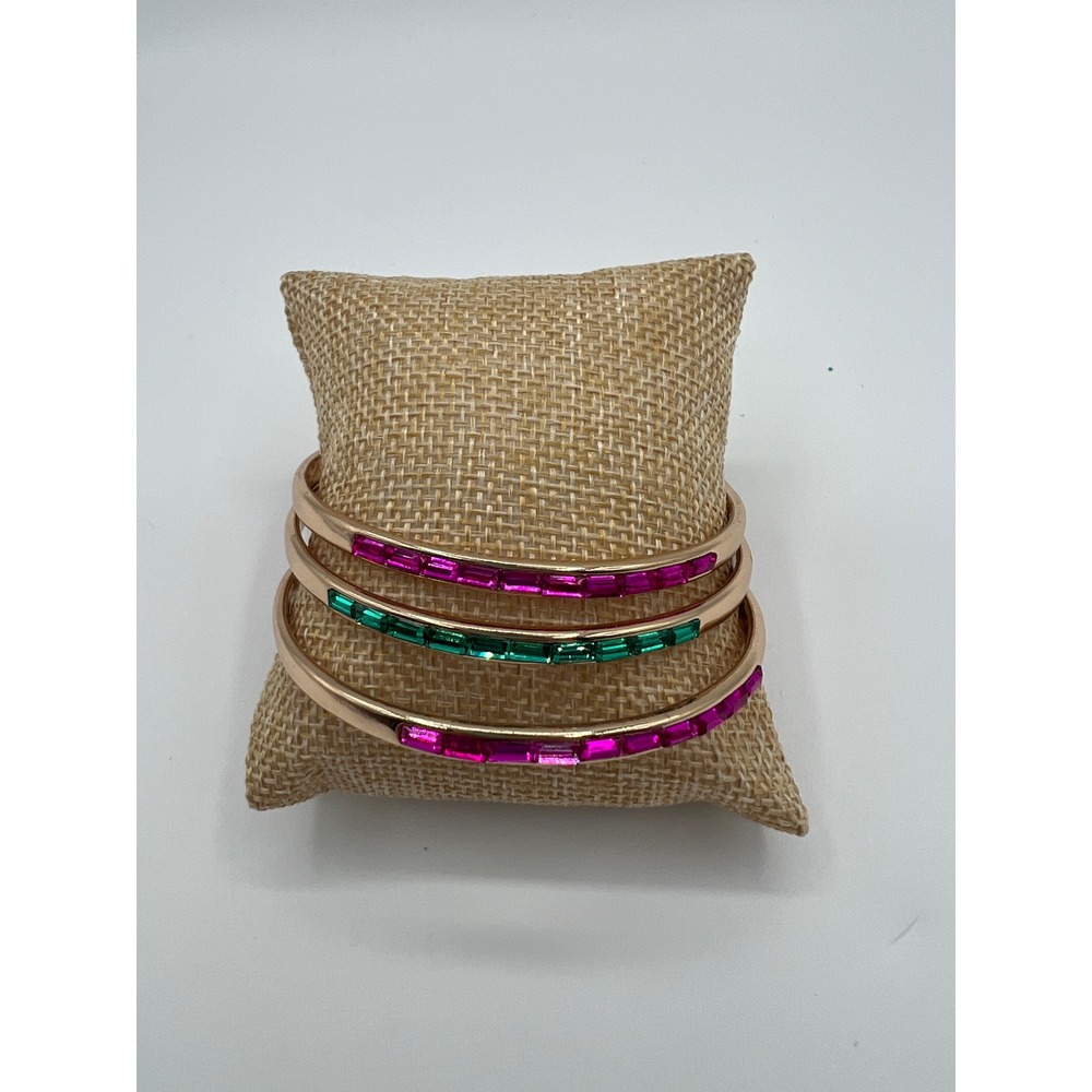 Rose Gold Tone Baguette Crystal Bangle Bracelet Set Pink Green 3pc Stackable